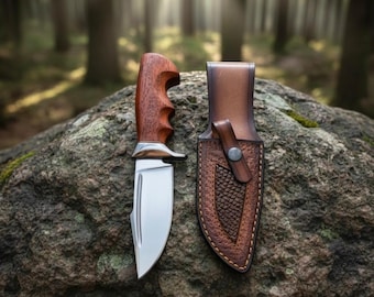 Handcrafted Hunting Knife with Ergonomic Wood Handle and Custom Leather Sheath | Camping | Survival Gear