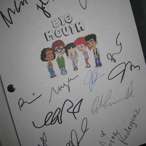 May include: White background with the words "BIG MOUTH" in black and red.  There are cartoon characters from the show Big Mouth.  The image is signed by the cast members: Nick Kroll, John Mulaney, Jenny Slate, Jason Mantzoukas, Jordan Peele, Andrew Goldberg, and Maya Rudolph.
