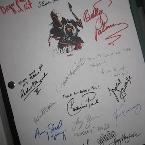 May include: A white sheet of paper with multiple signatures from the cast and crew of the film "Friday the 13th Part III". The signatures include "Steve Miner", "Dana Kimmell", "Larry Zerner", "Shelly", "Betsy Palmer", "Richard Brooker", "John Furey", "C.J. Graham", "Jeffery Rogers", "Draw Blood", "Winona", "Amy Steel", "Sleeze Deal", "and "Steve Susskind".