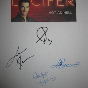 Lucifer Signed TV Script Screenplay x4 Autographs Tom Ellis Lauren German Lesley-Ann Brandt Rachael Harris signatures new tv show manuscript