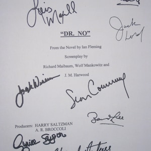 May include: A white page with the title "DR. NO" and signatures in black ink. The text reads "Fifth Draft Screenplay 8.1.62" and "From the Novel by Ian Fleming." Signatures include Louis Maxwell, Jack Lord, and Sean Connery.