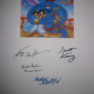 Aladdin Signerat Filmmanus Filmmanus X4 autograf Robin Williams Scott Weinger Linda Larkin Gilbert Gottfried tecknad signatur