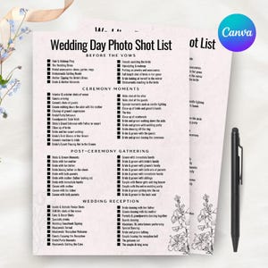 Lista ujęć fotografii ślubnej dla fotografa i wideografa wydarzeń Lista kontrolna priorytetowych ujęć Szablon Canva dla osi czasu zdjęć ślubnych