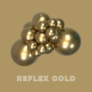 May include: A cluster of gold spheres of varying sizes, arranged in a visually appealing composition. The spheres have a reflective, metallic finish, and the background is a solid, warm gold color. The text "REFLEX GOLD" is displayed in white at the bottom.