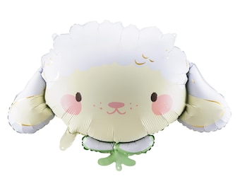 May include: A large, inflatable balloon shaped like a cartoon sheep. The sheep has a white fluffy head, light yellow face, pink cheeks, and a green bow. The ears are light yellow with gold accents. Perfect for a child's birthday party.