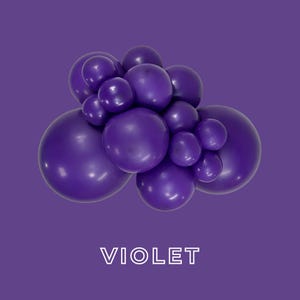 May include: A cluster of glossy, round violet balloons of varying sizes arranged in a dense, organic formation against a matching purple background. The word VIOLET is printed in white, sans-serif capital letters centered below the balloon group.