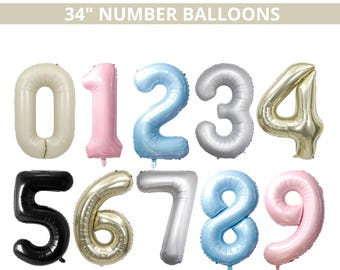34" Number Balloon - Foil/ Mylar Balloon - Giant Number Balloon - Birthday Balloons 1st Birthday -  Beige Cream Pink Blue Silver Gold Black