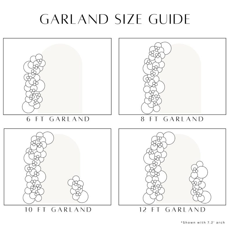 May include: A guide to garland sizes for arches, showing four different sizes: 6 feet, 8 feet, 10 feet, and 12 feet. Each size is illustrated with a black and white line drawing of a garland draped over an arch.