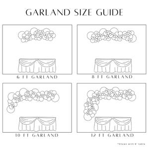 May include: A guide to balloon garland sizes for different table lengths. The image shows four different sizes of balloon garlands, each with a table underneath. The garland sizes are 6 feet, 8 feet, 10 feet, and 12 feet. The text "*Shown with 6' table" is at the bottom of the image.