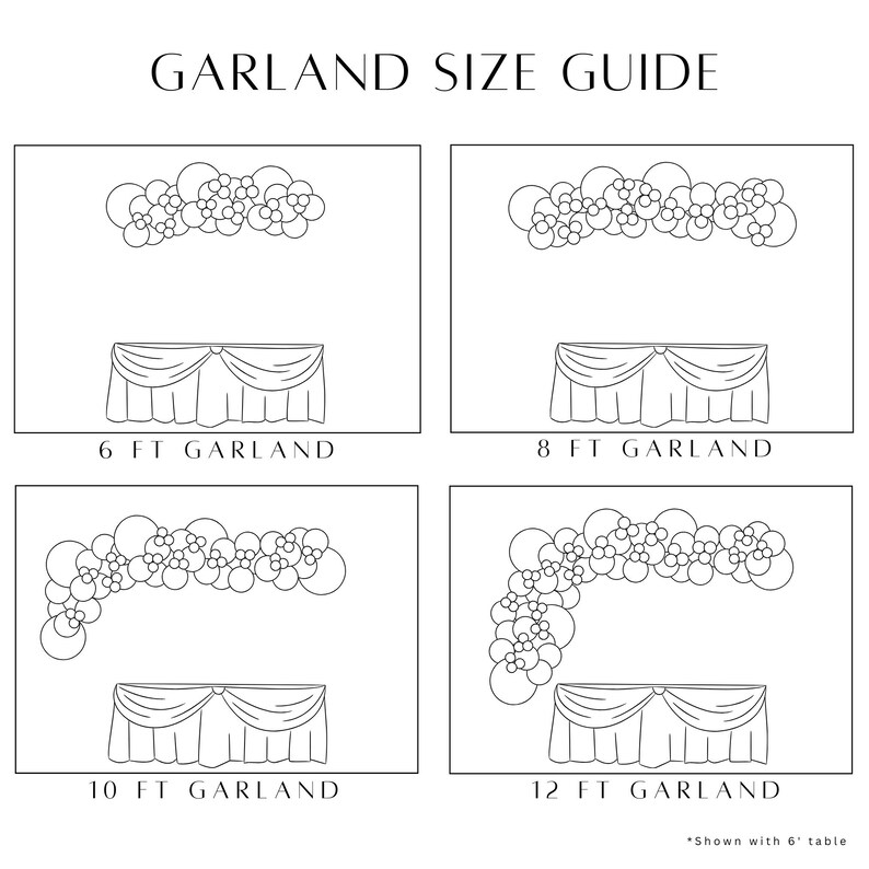 May include: A guide to balloon garland sizes for different table lengths. The image shows four different sizes of balloon garlands, each with a table underneath. The garland sizes are 6 feet, 8 feet, 10 feet, and 12 feet. The text "*Shown with 6' table" is at the bottom of the image.