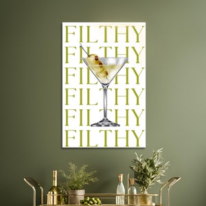 Arte de pared acrílico sucio, carrito de Bar, decoración del hogar, decoración de cocina, impresión de Martini, aceitunas sucias, carrito de Bar, accesorios, póster de cóctel