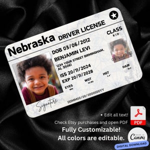 Patente di guida piccola modificabile su tela del Nebraska La carta del conducente personalizzata Lenience for Children offre modifica gratuita con tela