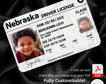 Nebraska Canvas Editable Little Driver&#39;s License Personalized Lenience for Children&#39;s driver card offer free edit with canvas