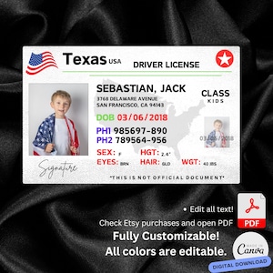 Licencia de conducir de Texas Canvas Editable Little Driver's License La tarjeta de conductor personalizada para niños ofrece edición gratuita con lienzo