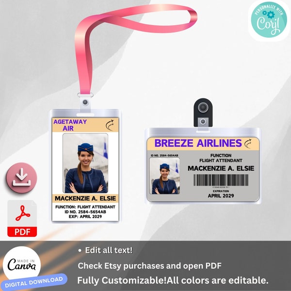 Flight Attendant ID Badge, Pretend Play Airline Uniform Name Badge, Editable Air Crew ID, Instant Download Tag Airport Party