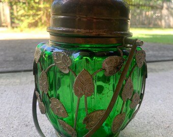 Emerald Green Glass vintage jar with lid and handle