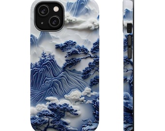Japanskt Art Mountain iPhone-skal: 3D-porslinsstil, MagSafe-kompatibelt