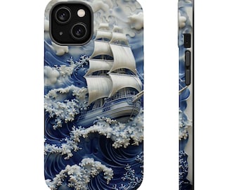 iPhone-skal i porslinsstil med fartyg: 3D-havskonst, MagSafe-kompatibelt