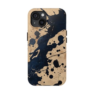 Abstract Paint Splatter iPhone Case: Artistic Blue Tan Design