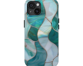Blågrönt iPhone-skal med målat glas: Geometrisk abstrakt design