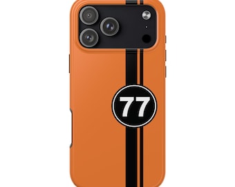 Orange racingrandigt mobilskal. Nummer 77