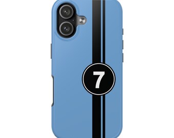 Ljusblått mobilskal med racingrand. Nummer 7