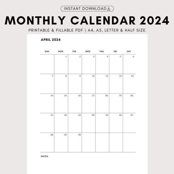 2024 Monthly Calendar with Notes, Important Dates Tracker, Minimalist Simple Calendar, Printable & PDF Fillable A4/A5/Half Letter/Letter