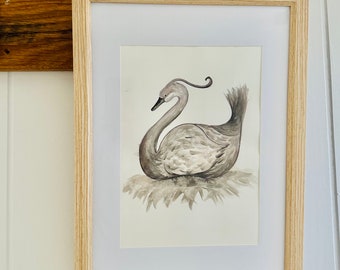 Framed Watercolor Swan Original Art