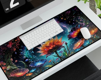 May include: A long, rectangular desk mat featuring a vibrant floral design with orange, red, and blue flowers against a dark background. A white keyboard and mouse sit on the mat, with a computer monitor and a plant in the background.