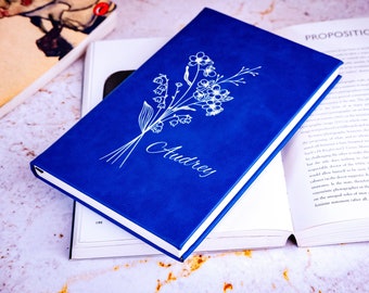 Personalized Birth Flower Leather Journal, Custom Notebook