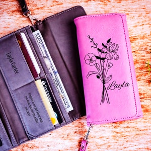 Birth Flower Wallet for Women, Slim Leather wallet, Leather Wallet, Gift for Her, Foldable Wallet, Custom Birthday Gift, Gift For Sister