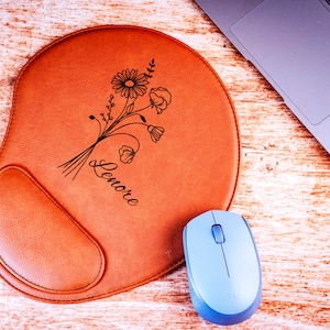 Birth Flower Mousepad, Personalized Leather Mousepad, Floral Design Mousepad, Custom Engraved Mousepad, Birthday Gift, Computer Mousepad