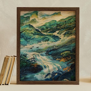 Hokusai Ukiyo-e Japanese Waterfall Wall Art, Blue Green Japanese Home Decor, Framed Wall Art, Housewarming Gift, Home Gift, Large Wall Art