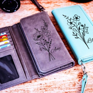 Birth Flower Leather Wallet, Wallet For Women, Leather Purse with Zipper, Women's Wallet Leather, Personalized Birthday Gift, Gift for Mom