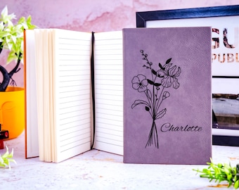 Custom Leather Birth Flower Journal, Personalized Floral Notebook