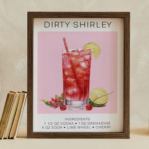 Lámina artística de Dirty Shirley, póster de cóctel, arte mural con bebida de autor para bodas, decoración de pared, decoración minimalista, elegante y sofisticada.