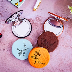 Espejo compacto con diseño de flor de nacimiento, espejo compacto personalizado, espejo de cuero, regalo para dama de honor, regalo de cumpleaños