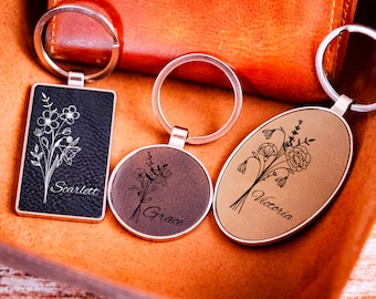 Birth Flower Leather Keychain, Engraved Floral Keyring