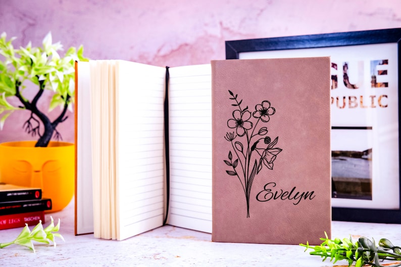 Personalized Birth Flower Journal, Custom Leather Notebook, Gift for ...