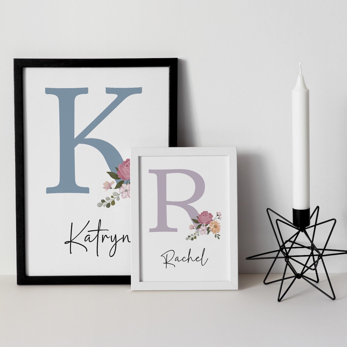 Personalized Name Framed Art, Frame With Flower Print, Name Initial ...