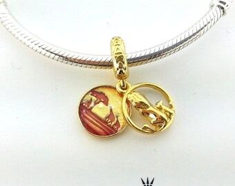 Charm colgante de puesta de sol de Simba y Mufasa de Disney, chapado en oro de 18 quilates, para pulsera Pandora