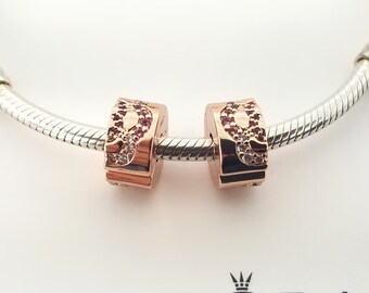 Dije de clip espaciador con patrón de abanico rosa chapado en oro rosa para pulsera Pandora x2 piezas