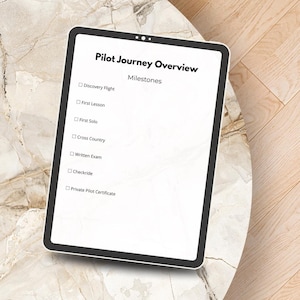 May include: A tablet displaying a Pilot Journey Overview checklist with the title Milestones and a list including Discovery Flight, First Lesson, First Solo, Cross Country, Written Exam, Checkride, and Private Pilot Certificate with checkboxes.