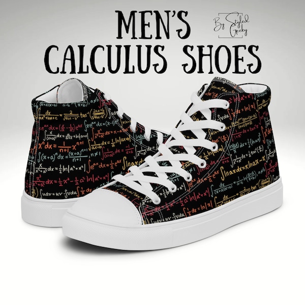 Math Lover High Top Canvas Shoes for Men - Colorful Science & Math Design on Black Background