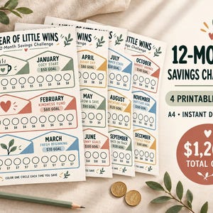 May include: A set of four printable A4 savings challenge sheets titled A Year of Little Wins. Each page features monthly sections with goal amounts, icons, and circles to color. The text includes 12-Month Savings Challenge and $1,260 Total Goal.
