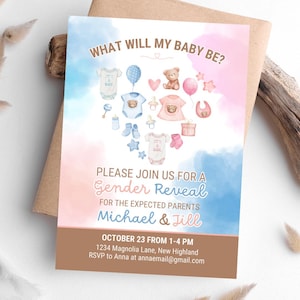 Mehrfach-Design bearbeitbares Geschlecht offenbaren Einladungs-Teddybär-Thema, Überraschungs-Baby-oder Mädchen-Party laden Vorlage ein, es ist ein Er oder Sie