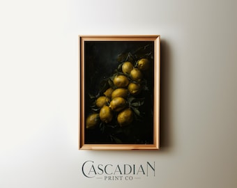 May include: A framed print of a still life featuring a cluster of yellow lemons with green leaves against a dark background.