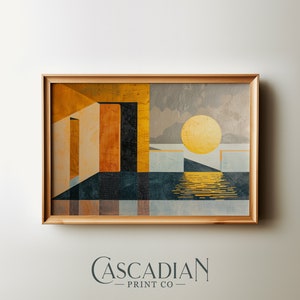 Puede incluir: Impresión artística abstracta en un marco de madera. La obra presenta formas geométricas en tonos de amarillo, naranja, azul y gris, con un gran sol amarillo y reflejo de agua. El texto "Cascadian Print Co" está en la parte inferior.