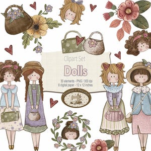 Aquarell-Clipart-Paket Puppen: Puppen, Geldbörsen, Hüte und Blumen – digitaler Download für Scrapbooking, Partydekorationen und mehr.