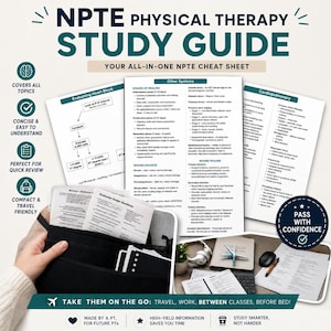 Pode incluir: Um conjunto de guias de estudo de fisioterapia com folhas impressas contendo diagramas médicos e texto sobre tópicos como bloqueio cardíaco, cicatrização de feridas e sistemas cardiopulmonares, guardados em um estojo preto portátil.